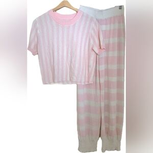 Sexy White & Pink Stripe 2-Piece Lounge Set | Crop Top & Pants | Women’s Large